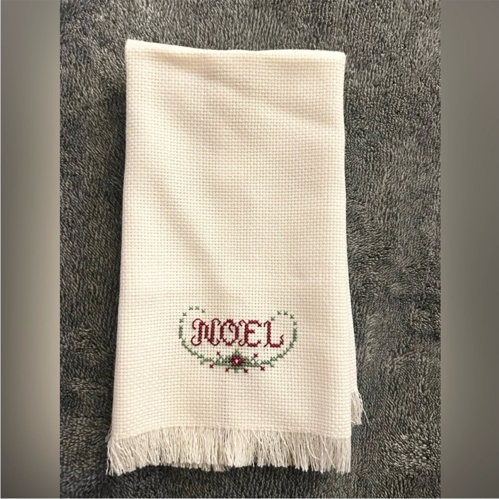 Christmas Noel Embroidered Cross-stitch Needlepoint Cream Hand Towel